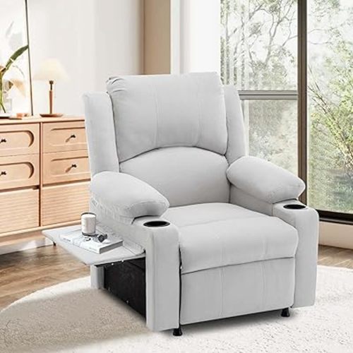 Power Recliner Chair for Adults,Upholstered Nursery Reclining Sofa Chair,Heating Point Massage Theater Seating Single Sofa with Side Pockets Table for Living Room-Grey White