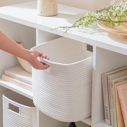 UBBCARE Storage Cubes 11 Inch, Cotton Rope Woven Baskets for Organizing, Cube Storage Bin for Baby Nursery, 4-Pack Square Toy Storage Baskets for Shleves Organizer, Closet, Kidsroom, White