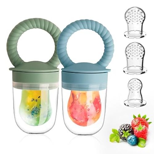 Baby Solids/Frozen Fruit Feeder Pacifier, Infant Teether Toy 4M+, BPA-Free Silicone Pouch & Nipple, Safely Introduce Solids, Teething Relief, 2-Pack (Ring - Blue Green) - S/M/L