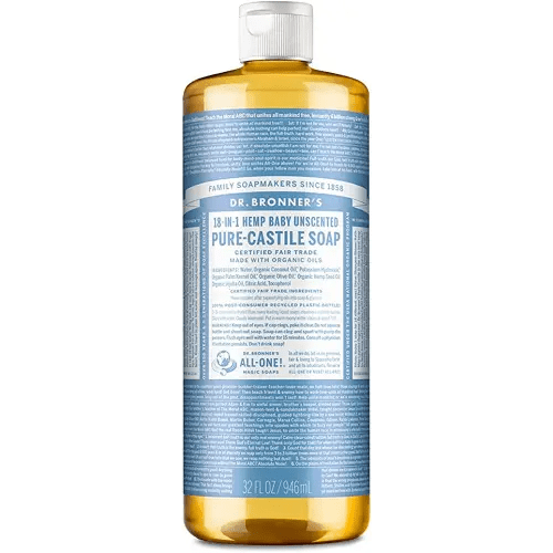 Dr. Bronner’s - Pure-Castile Liquid Soap (Baby Unscented, 946 mL) - Made with Organic Oils, 18-in-1 Uses: Face, Hair, Laundry and Dishes, For Sensitive Skin and Babies, No Added Fragrance, Vegan
