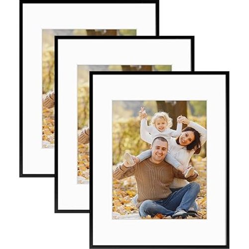 Mat Board Center, 11x14 Aluminum Picture Frames, Set of 3 - Displays 8x10 Artwork with Mat - Black Frame with Real Glass Front - Perfect for Creating a Gallery Wall for Art Prints, Posters