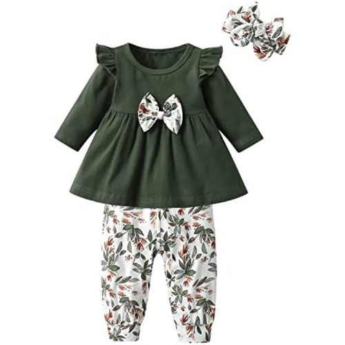 3PCS Baby Girl Clothes Ruffle Floral Shirt Tops Pants Headband Outfit Sets