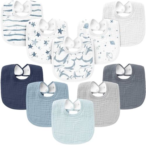 Konssy 10-Pack Muslin Baby Bibs, Soft Cotton Bandana Bibs for Drooling & Teething, Unisex Solid Colors for Boys & Girls, Newborn & Infant