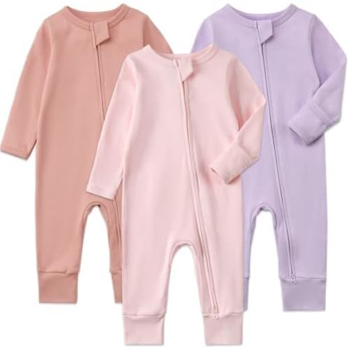 Aablexema 3-Pack Organic Cotton Baby Footless Pajamas with Mitten Cuffs, 2-Way Zipper Romper Sleepers