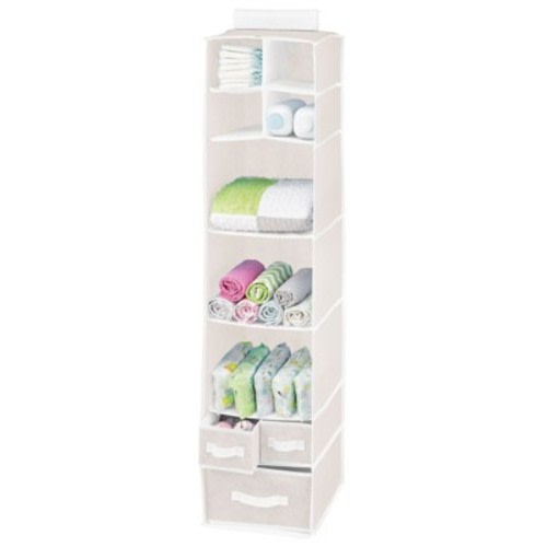 mDesign Fabric Nursery Hanging Organizer with 7 Shelves/3 Drawers, Color: Cream/white, Size: 11.75 x 11.75 x 53