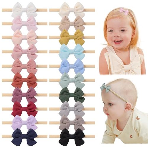 jollybows 20pcs Baby Girl Bow Headbands Newborn Nylon Hairband 2" Neutral Linen Infant Hair Bows - 5- 20PCS baby girl headbands