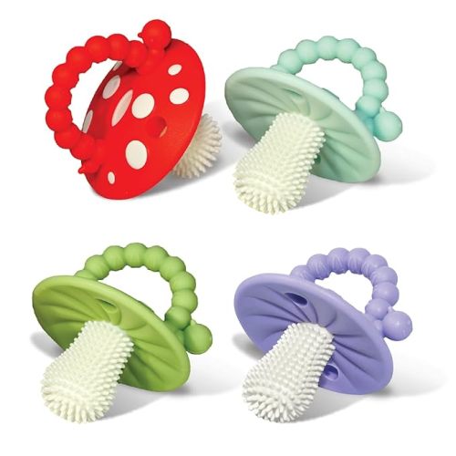 RaZbaby Soft Silicone Infant & Baby 3M+ Teether Toy Massaging Bristles Teething Relief Pacifier - Soothes Sore Gums - Hands-Free & Easy-to-Hold Chompy Teether, BPA Free (RED/Blue)
