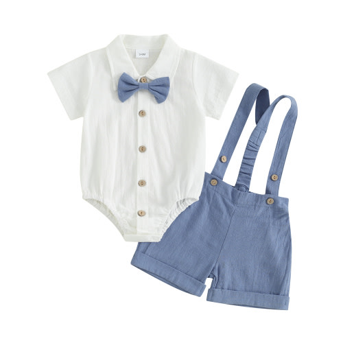 Mevireiy Baby Boys Suspender Overalls Shorts Gentleman Outfit Bow Tie Dress Shirt Tops,Blue,3-6 Months