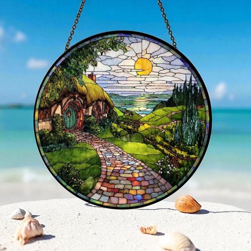 Hobbit Hole Stained Glass Suncatcher, Shire Inspired Window Hanging, Fantasy Cottagecore Decor, Magical Home Gift, Lord of the Rings Glass
