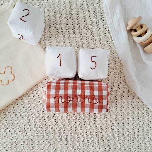 Soft Milestone Blocks for New Baby Photos - Age Blocks with Rust Checkered Pattern - Special Gift for New Parents