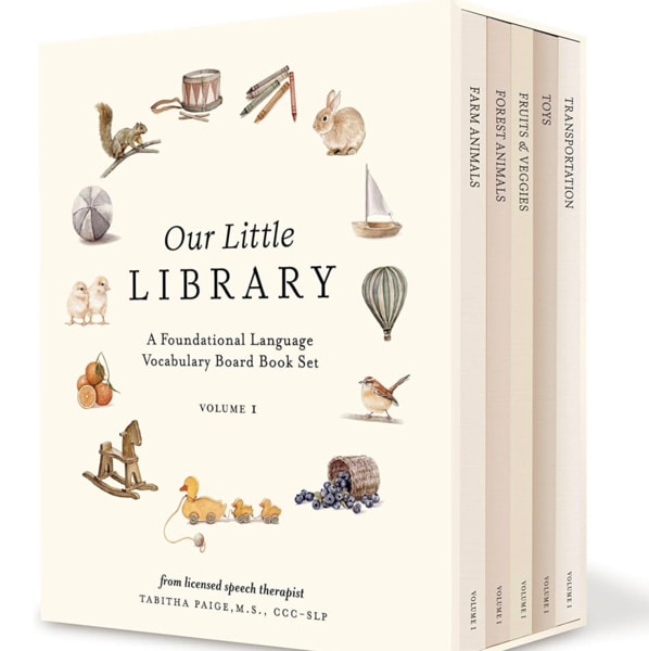 Our Little Library: A Foundational Language Vocabulary Board Book Set for Babies, Including Farm & Forest Animals, Fruits & Veggies, Toys & More (Tabitha Paige Children's Book Series)