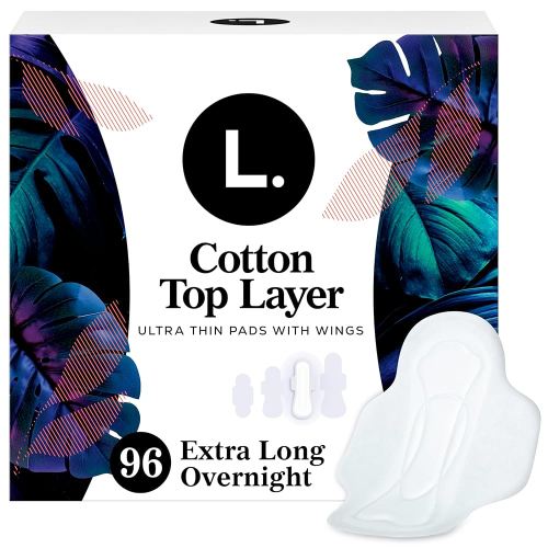 L. Ultra Thin Pads for Women, Overnight Absorbency, Organic Cotton Top Layer, Unscented Pads with Wings, 96 Count (4 Packs of 24)