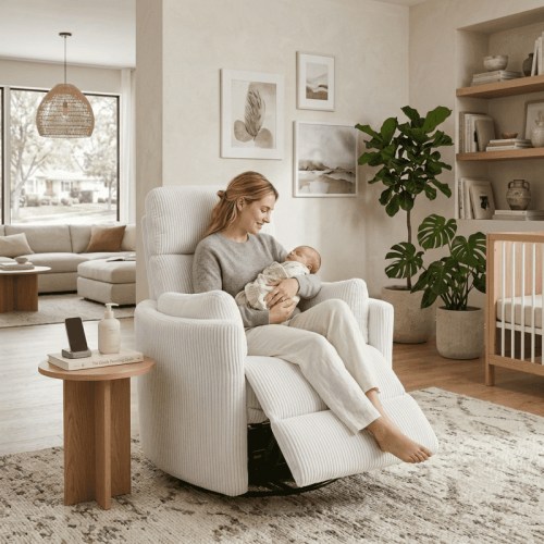 Power Glider Recliner with USB Port, 270° Swivel Rocking Nursery Chair with 2 Pillows, Soft Corduroy, Beige