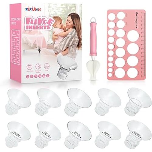 Flange Inserts 13/15/17/19/21mm(10PCS) & Nipple Ruler & Cleaning Brush, 3 in 1 Flange Sizing Kit, Silicone Flange Insert Kit for 24mm Most Pumps, Breast Pump Replacement Accessories