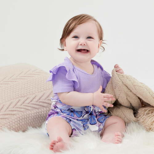 PatPat Baby Girl Outfit Sets Butterfly Print Shorts and Purple Bodysuit Headband Gift for Baby Girl 6-9 Months
