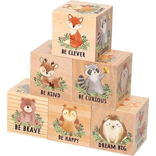 6 Pcs 1.6 Inch Inspirational Woodland Nursery Decor Animals Wall Decor Stuff Wooden Forest Animals Bear Raccoon Lion Fox Block Safari Creature Table Decoration