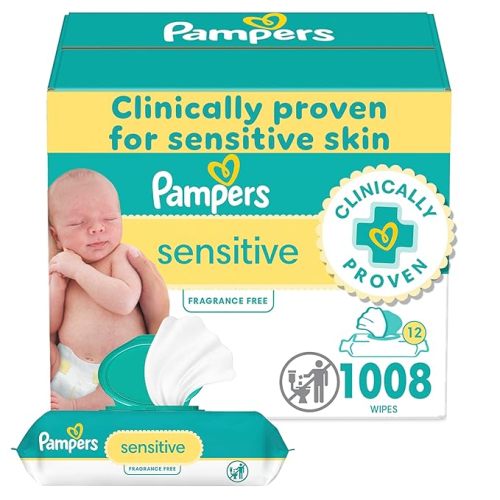 Pampers Sensitive Baby Wipes, Water Based, Hypoallergenic and Unscented, 1008 Wipes Total (Flip Top 12 Packs)