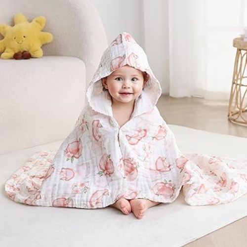 Muslin Hooded Baby Towels, Ultra Soft & Absorbent Baby Bath Towels, Bath & Beach Essentials, Shower Gifts for Babies, Infant, Toddler and Kids - Large 43x43 Inch (Peach)
