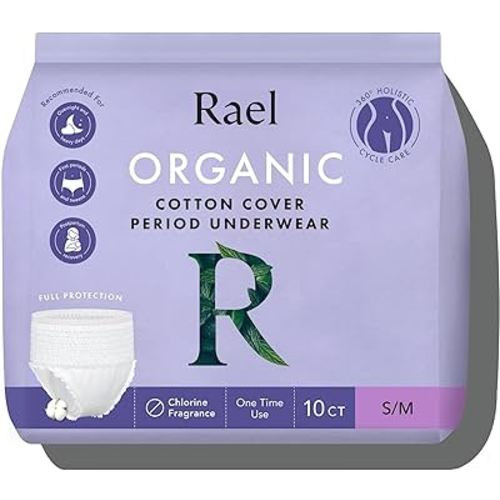 Rael Disposable Underwear for Women, Organic Cotton Cover - Incontinence Pads, Postpartum Essentials, Disposable Underwear, Unscented, Maximum Coverage (Size S-M, 10 Count)