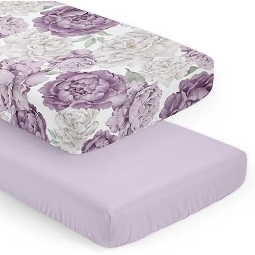Sweet Jojo Designs Boho Purple Floral Baby Fitted Crib Sheets Girl Set for Infant Nursery Toddler Bed Room Standard Mattress - 2p Solid Lavender Bohemian Vintage Garden Watercolor Flower Shabby Chic