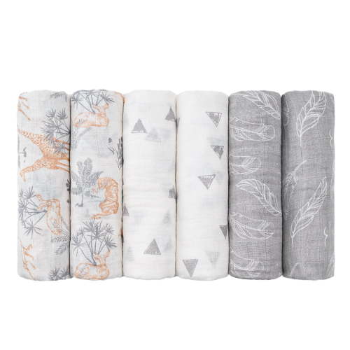 Gllquen Baby Organic Cotton Muslin Swaddle Blankets 6-Pack for Newborn Infant Girls Boys, 27 X 27", Jungle Exploration