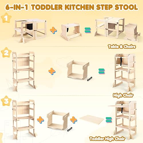 6 in-1 Toddler Kitchen Step Stool with Wooden Stool, Foldable Learning Standing Tower with Blackboard & Feeding Tray, Wooden Kitchen Stool Helper for Kids, 1-3 Year Old Boy Girl Gifts
