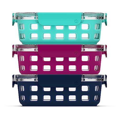 Ello Duraglass 3.4 Cup Meal Prep Sets 6Pc, 3 Pack Set- Glass Food Storage Container with Silicone Sleeve and Airtight BPA-Free Plastic Lids, Dishwasher, Microwave, and Freezer Safe, Berry