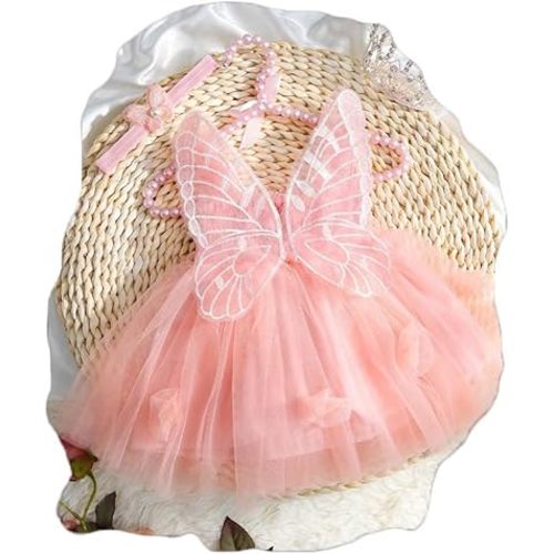 Ylsteed Newborn Photography Outfits Girls Fairy Wings Butterfly Sleeveless Tulle Dress Newborn Photography Props Baby Girl Elastic Waist Romper Dress with Headband Infant Photoshoot Outfits Pink