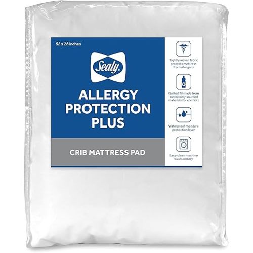 Sealy Baby Allergy Protection Plus Fitted Waterproof Infant Crib Mattress Protector Pad and Toddler Bed Cover, Durable & Comfortable Topper, Machine Washable and Dryer Friendly, 52” x 28”- White