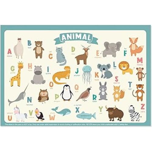 60 Pack Disposable Placemats for Baby & Toddle, Sticky Kids Placemat for Picnic Table, Party, Travel, 12" x 18" Restaurant Table Mats, Animal Alphabet Theme