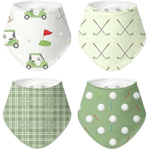 4 Pcs Golf Baby Bibs for Boys Girls Baby Golf Stuff Cotton Bandanas Adjustable Absorbent Triangle Bibs for Drooling and Teething Vintage Sports Nursery Items Infant Essentials Newborn Gifts