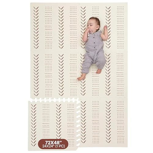 Childlike Behavior XL Baby Play Mat - 72 x 48-Inch Puzzle Play Mat with 6 Foam Floor Tiles - Interlocking Tummy Time Mat for Toddlers and Infants Play Pen - Waterproof and Soft Crawling Mat - Beige
