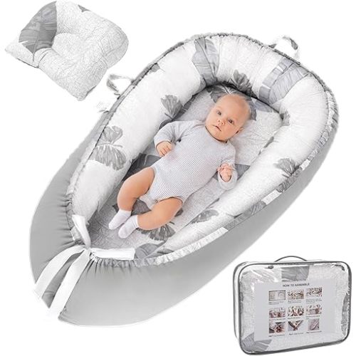 Baby Lounger Cover Pillow for Newborn 0-24 Months, Portable Infant Lounge Nest in Bed for Boy Girl, Grey Foldable Organic Babies Co Sleeping Pillows for New Born Travel Essential