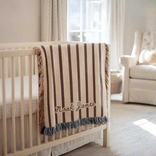 Personalized brown stripes baby woven blanket with name custom trow brown nursery decor gender neutral