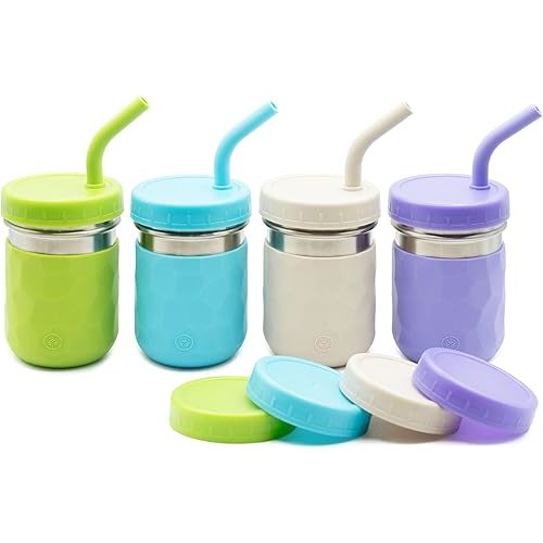 WeeSprout 2-in-1 Drinking Cups for Kids, Durable Stainless Steel Tumbler for Smoothies, Silicone Straws with Stoppers, Premium Plastic Twist Lids, Easy-Grip Sleeves, Set of 4 Dishwasher Safe Kid Cups