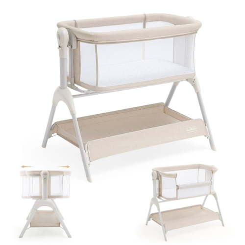 HARPPA 3 in 1 Baby Bedside Bassinet Sleeper, Baby Bassinet with Rocking and 5 Heights Adjustable, Beige