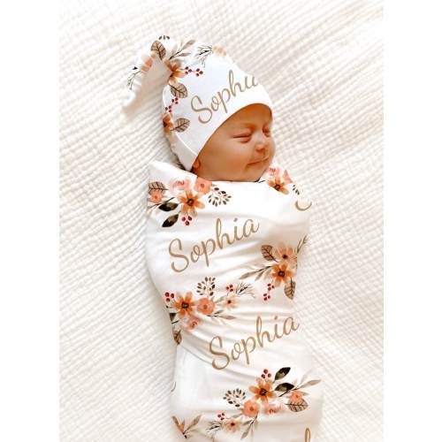 PERSONALIZED Peach Floral Swaddle Blanket Newborn Baby Girl Coming Home Outfit Name Baby Blanket Baby Shower Gift Hospital Photo Outfit