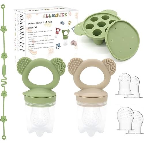 Baby Fruit Feeder & Mini Freezer Tray Combo Breastmilk Popsicle Mold Fresh Food Feeder for Safe Infant Self-Feeding Teething Relief Extra Food Pouches(Green and Beige)