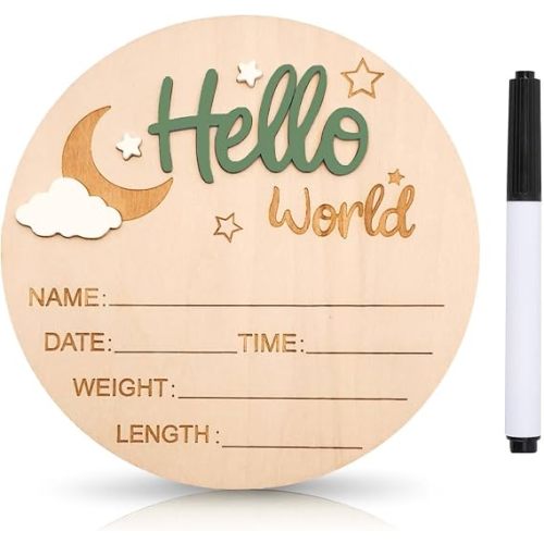 Baby Announcement Sign, 5.9 Inch Wooden Hello World Newborn Signs, Birth Announcement Sign and Pen, Moon and White Cloud Decoration, Welcome Newborn Arrival to World, Hospital Nursery for baby (Green)