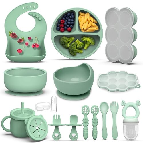 16 Pack Silicone Baby Feeding Set, BPA-Free Baby LED Weaning Supplies, Include Suction Plates, Baby Bowls, Silicone Fork & Spoon, First Stage Baby Food Eating Utensils - 6+ Months (Dark Green, 16)