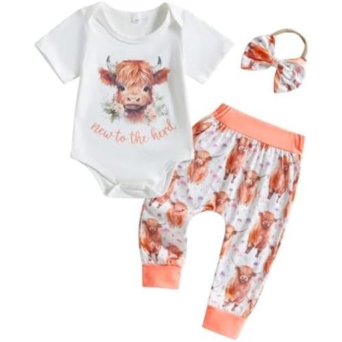 Newborn Western Baby Girl Clothes Highland Cow New To The Herd Romper Pants Set 3Pcs Summer Farm Coming Home Outfit