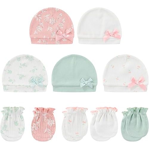 Baby Hat and Mittens Set Cotton Newborn Baby Hats Caps for Boys and Girls, 0-6 Months