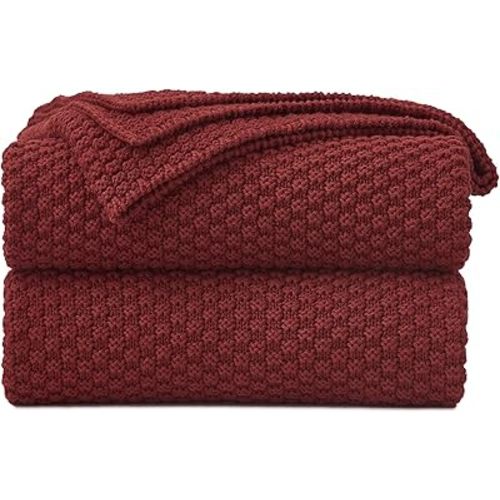 Longhui bedding Wine Red Knitted Throw Blanket for Couch, Cozy Machine Washable 100% Cotton Sofa Knit Blankets, 51 x 63 Inches, Burgundy Color