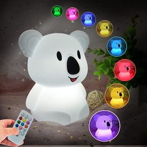Koala Night Light for Kids Silicone Bedside Bedroom Lighting, Baby Nursery Light Sleeping NightLights, Color Changing Lamps - Eye Caring, Adjustable Brightness & Color, Time Setting - Medium