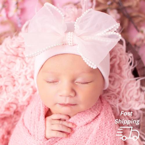 Melondipity Chiffon Bow with Pearl Trim Newborn Girl White, Pink, or Black Hospital Hat | 2-ply Fabric for Additional Warmth and Comfort
