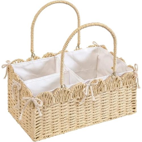 Large Baby Diaper Caddy, Brown Paper Rope Storage Basket with Handles, Portable Nursery Organizer with Removable Divider for Diapers, Wipes, Baby Essentials (Nature)
