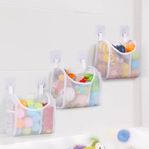 DOCMON Bath Toy Storage, Detachable 6 Compartments Bath Toy Holder, Large Capacity Bathtub Toy Storage with Built-in Compartments Side Pockets, Mesh Shower Caddy for Sorting Baby Bathroom Toys - White