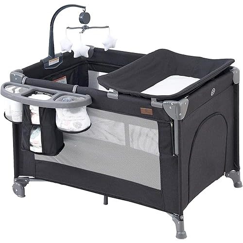 ACCOMBE 5 in 1 Baby Bedside Sleeper,Baby Pack and Play with Bassinet & Mattress,Portable Bedside Crib with Storage, Playard with Bassinet from Newborn to Toddlers(Dark Grey) (Light Gray)