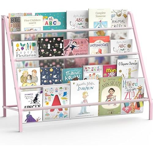 High-Transparent 4 Tier Kids Bookshelf, Sturdy Metal Large Size Book Rack Storage for Kid - Toddler Book Shelf Display for Nurasery, Playroom or Kids Room, Bookshelf Hold More Books - Pink