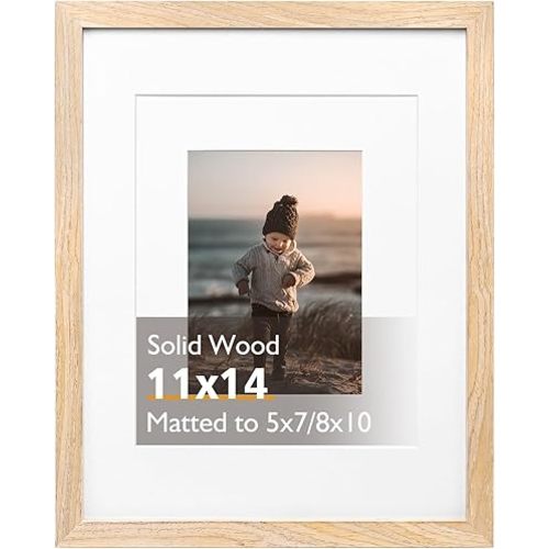 KINLINK 11x14 Picture Frame, Natural Solid Wood Frame with Acrylic Plexiglass for Pictures 5x7/8x10 with Mat or 11x14 without Mat, Tabletop and Wall Mounting Display Photo Frame 1 Pack